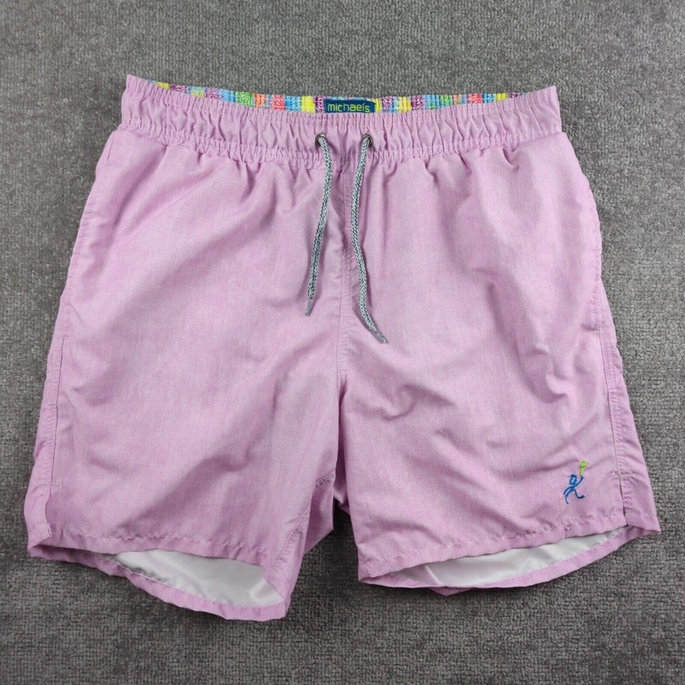 Michaels Swimwear Mens Medium Swim Trunks Lined Pink Embroidered Polyester USA